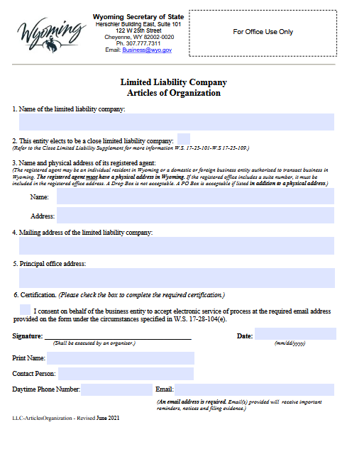 Free Wyoming LLC Articles of Organization Download