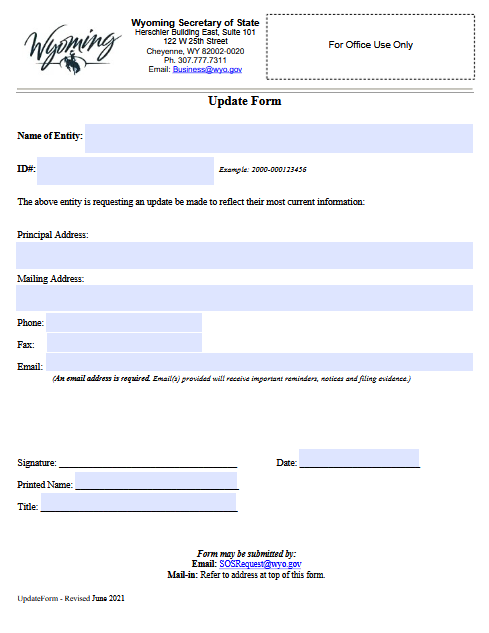 Wyoming Business Update Form Screenshot