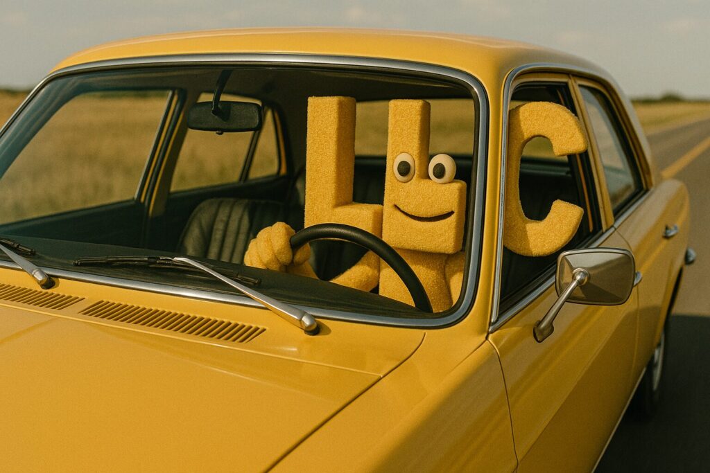 A yellow puppet character that looks like the letters LLC driving a car. He is promoting buying a car with a Wyoming LLC.