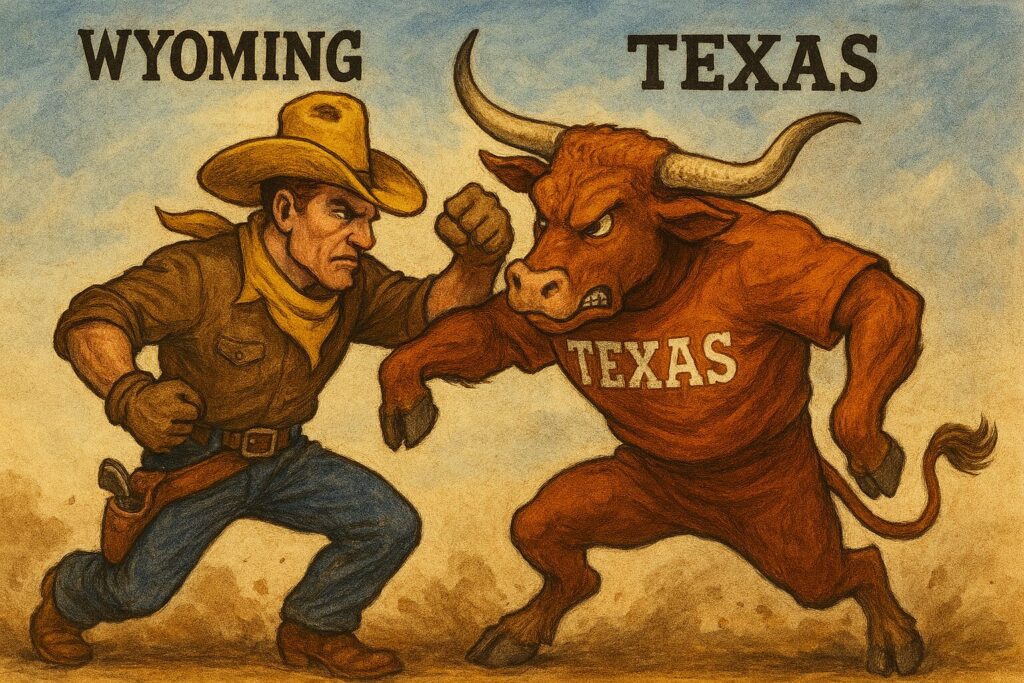 Two mascots battle to see who offers the best LLC in the country. A battle of a cowboy and bull in this Wyoming LLC vs Texas LLC picture.
