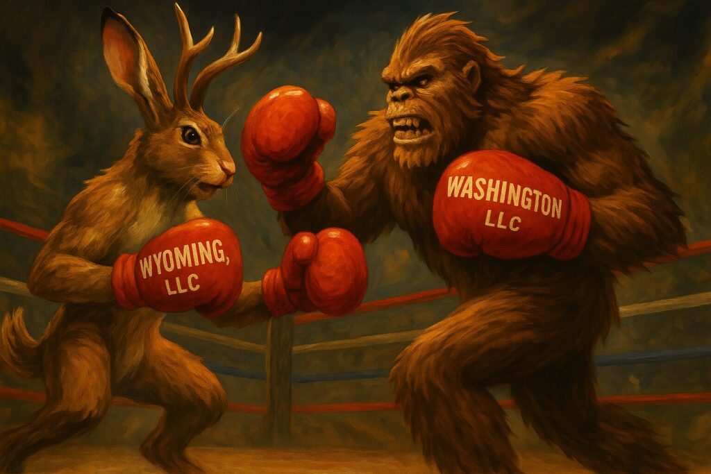 A Sasquatch fighting a Jackalope representing a Wyoming LLC vs Washington LLC battle.