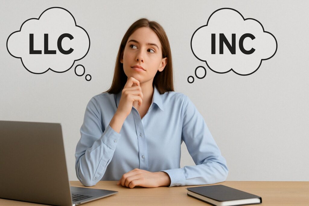 A woman sitting at a desk deciding what business to form. A Wyoming LLC vs Wyoming Corporation filing.