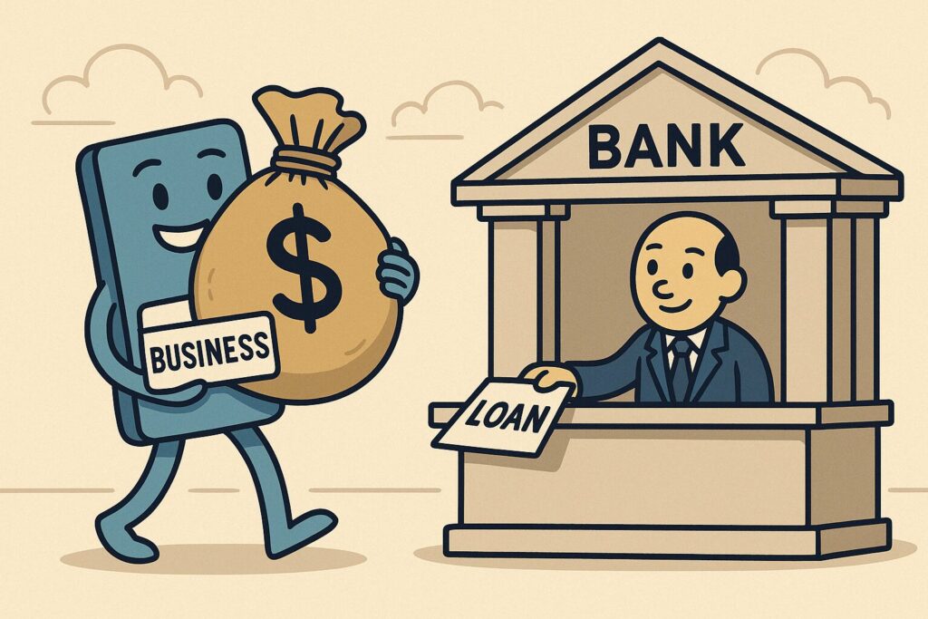 Cartoon of a business getting a bank loan. This depicts using a Wyoming Registered Agent to build business credit.