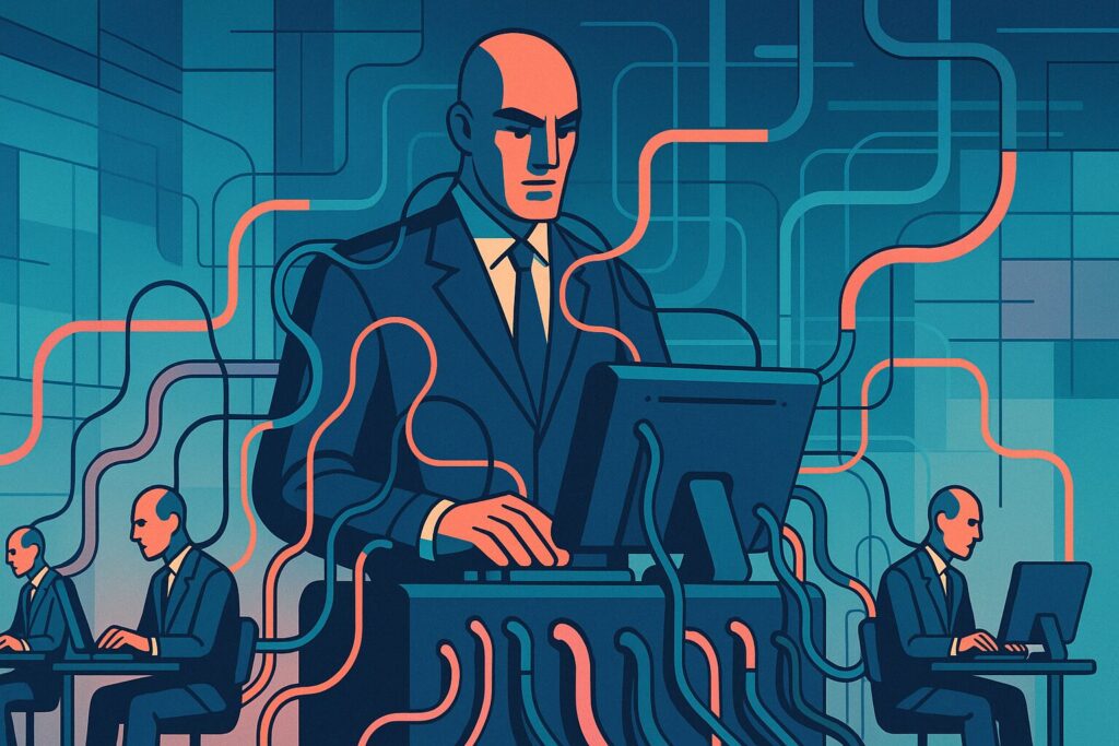 A modern, futuristic businessman cloned himself to start other businesses. This represents a Wyoming Series LLC.