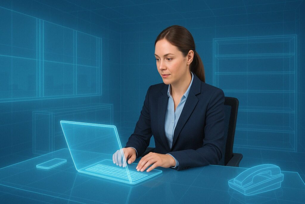 Business woman sitting in a holographic Wyoming virtual office.
