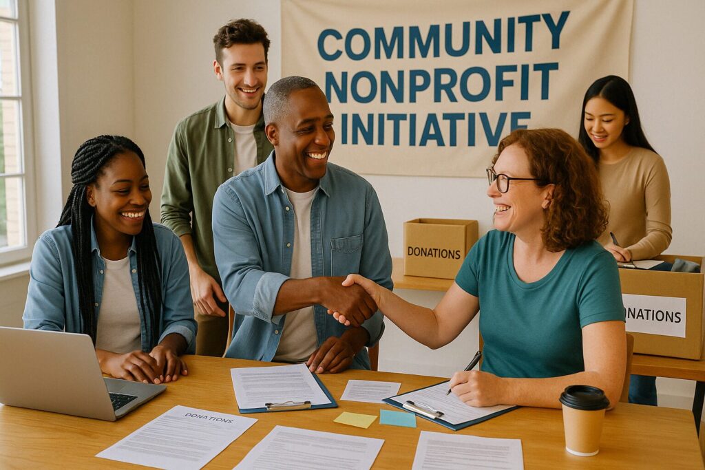 Various members of a community doing charity work with their Wyoming nonprofit corporation.