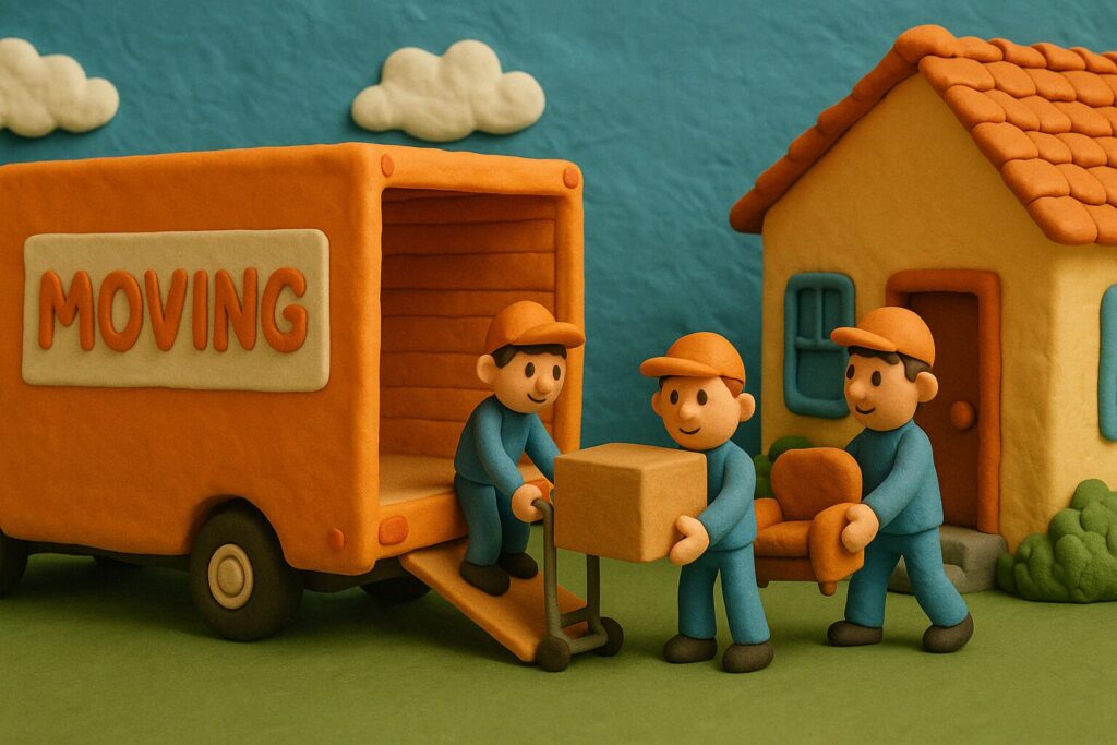 Cute claymation moving company loading household items into a moving truck representing how to start a moving business with a Wyoming LLC.