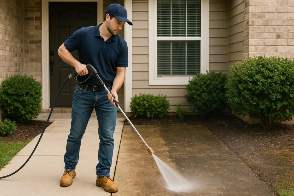 A man power washing a dirty sidewalk. He started a power washing business with a Wyoming LLC.