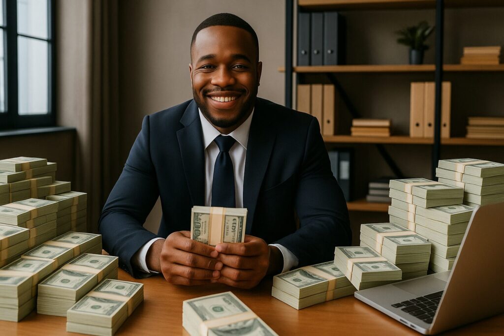 A black businessman is sitting at a desk full of money after raising capital with a Wyoming corporation.